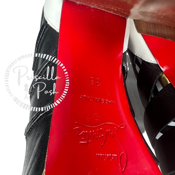 Christian Louboutin Strappy Boot Sandal 38 black White Gold Block Heel - Picture 13 of 14